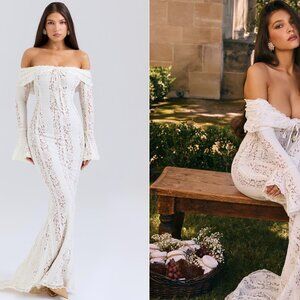 HOUSE OF CB | Belle vintage cream floral lace off shoulder maxi dress